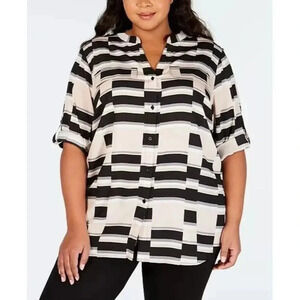Calvin Klein Womens Button Shirt top XL Roll Tab Sleeve tunic pink shapes blouse